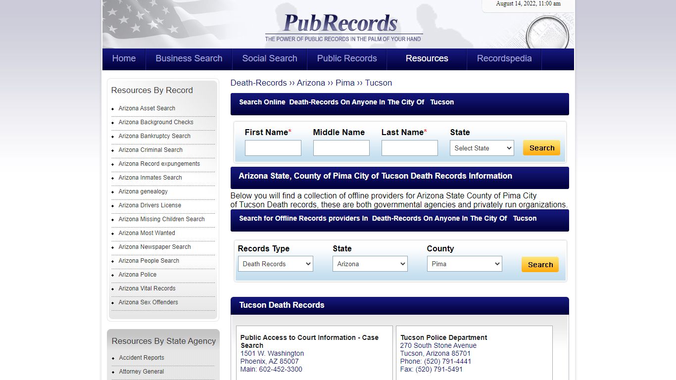 Tucson, Pima County, Arizona Death Records